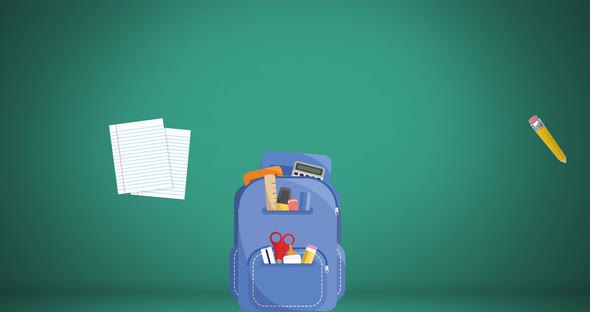 School items moving on green background