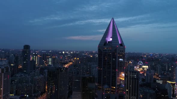 Aerial view of Shanghai downtown at night, China.