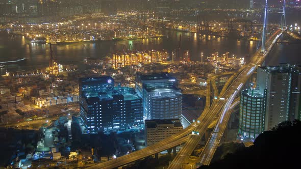 Hong Kong Port Terminal Night Time Lapse China. Zoom Out