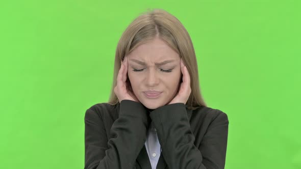 Tired Young Businesswoman Having Headache Against Chroma Key