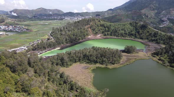 Aerial view of Telaga Warna lake in Dieng Wonosobo, Indonesia