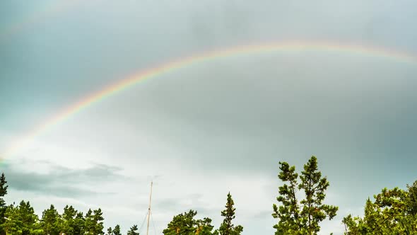 Rainbow in the Sky Above the Trees. Timelapse