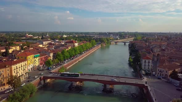 Verony Italy Skyline Aerial Footage in . View of Riva and Bridge in Verona City. Left Side Old Town