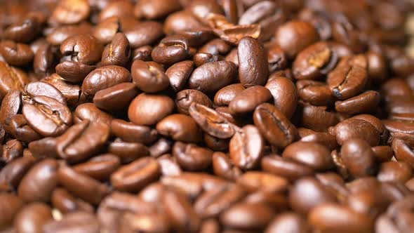 close-up view of roasted brown coffee beans