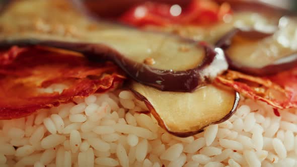 Maqluba Dish Closeup Rice and Vegetables Arabian National Traditional Food