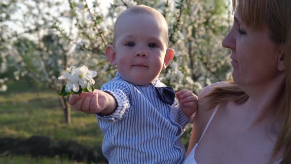 A Beautiful Smiling Child a Baby in a Shirt is Sitting in His Mother's Arms and Smiling at the