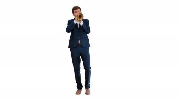 Man in Suit Standing Playing Trumpet on White Background.