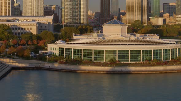 Aerial of Shedd Aquarium and Chicago city in background