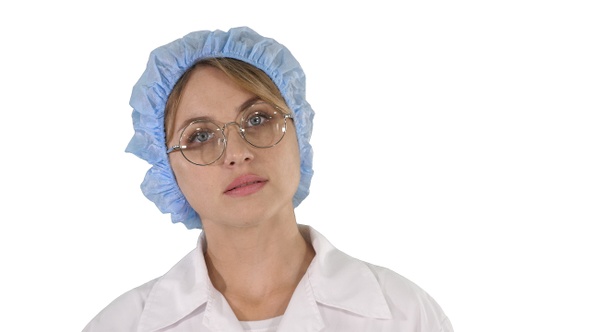 Medical doctor woman going on white background