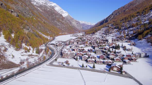 The Village of Tasch in Switzerland in the Winter Aerial View