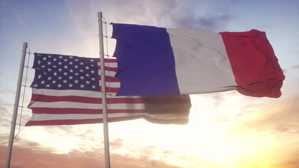 USA and France Flag on Flagpole