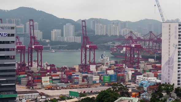 Container Port Huge Cranes Load Large Cargo Vessel in Hong Kong