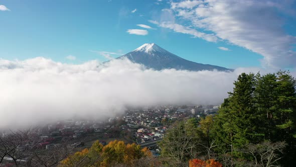 Mount Fuji and mist view from behind Chureito Pagoda, Yamanashi, Japan.