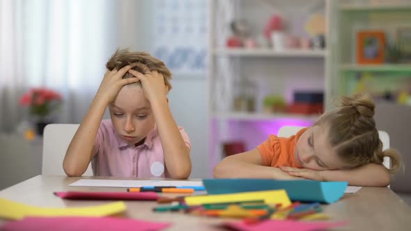 Tired Children Falling Asleep Sitting at Desk, Exhausting After-School Education
