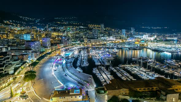 Panorama of Monte Carlo Timelapse at Night From the Observation Deck in the Village of Monaco with