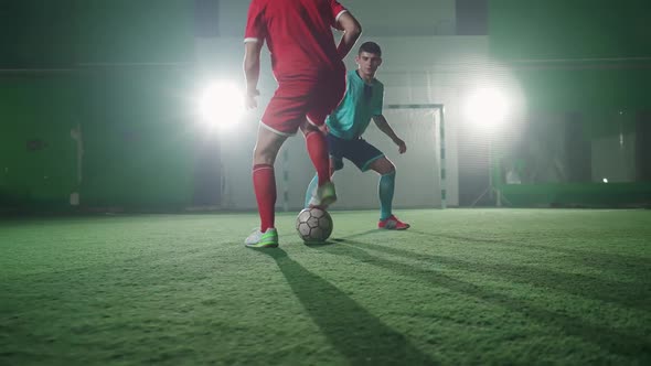 Football Club Young Guys Play Football Indoor Stadium Man Bypass the Opponent and Scores a Goal Low