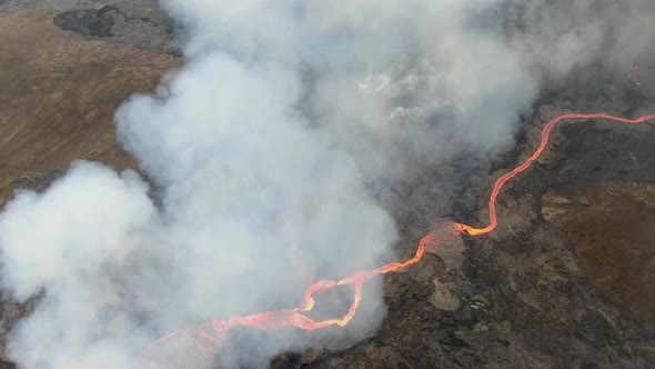 Aerial view of Fagradalsfjall erupting volcano near Grindavik, Iceland