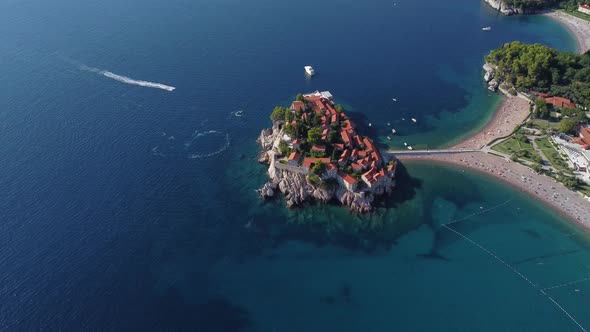 aerial drone view of Sveti Stefan island by the Adriatic coast in Montenegro, on the Mediterranean. 