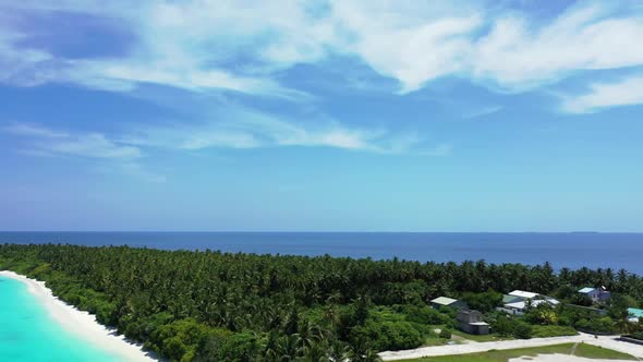 Aerial flying over abstract of luxury coastline beach trip by aqua blue sea and white sandy backgrou