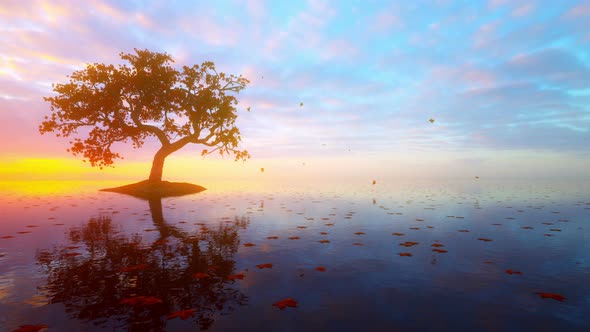 Autumn Tree Reflections In Lake With Leaf