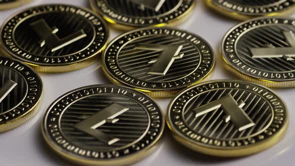 Rotating shot of Litecoin Bitcoins 