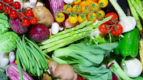 Assortment of Fresh Organic Vegetables. Away from a Close-up to Wide Shot.