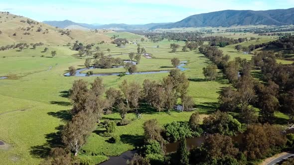 Drone view looking upstream over the Mitta Mitta River floodplain at Pigs Point near Tallangatta Sou