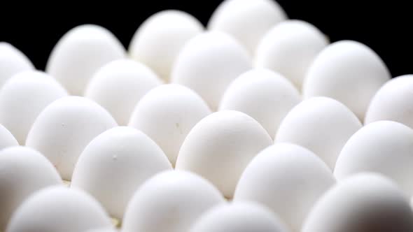 Close-up of packed chicken eggs. White eggs in carton box.