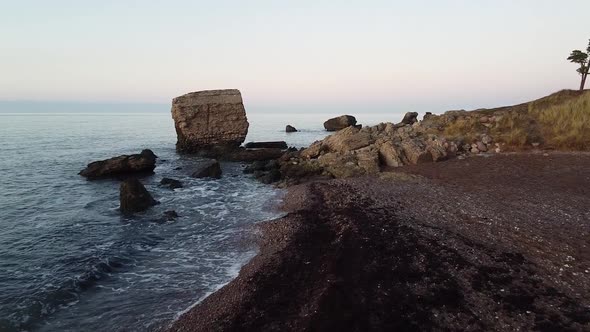 Flyover over the Karosta war port concrete fortification ruins at Baltic sea coast at Liepaja in bea