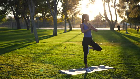 A beautiful young woman yogi holding balance in a meditative one legged prayer hands yoga pose on a