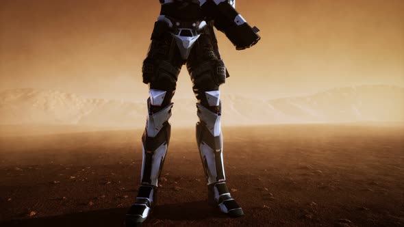 Futuristic Soldier in Desert at Sandstorm