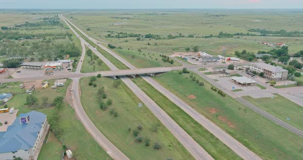 Overlooking View of a Small Town a Clinton in the Highways US Rte 66 Interchanges of Oklahoma USA