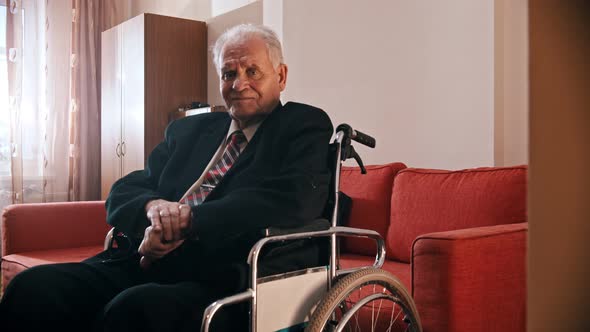 Elderly Grandfather - Happy Grandfather Is Sitting in a Wheelchair and Looking at the Camera