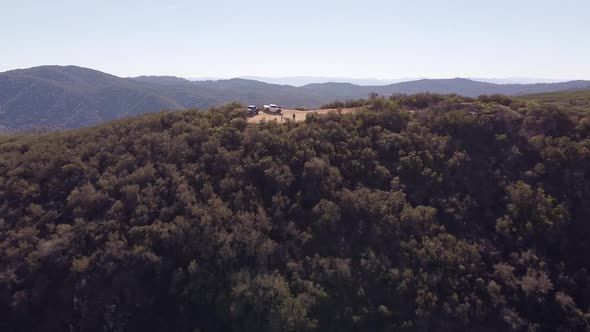 Two vehicles reached majestic viewing spot in Hollister hills, aerial fly over view