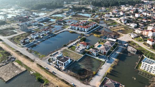 A city built on water aerial view 4 K Turkey Manavgat