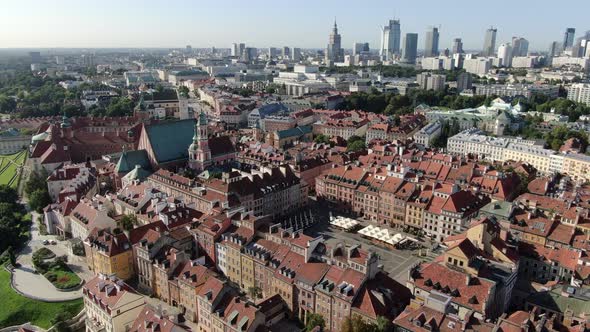 Flying over Warsaw Old Town, capital of Poland, Europe