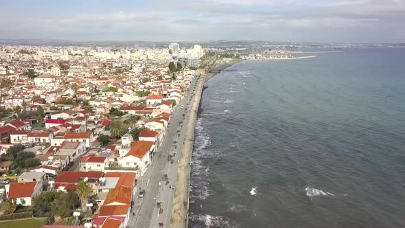 Aerial Shot Of Long Mackenzie Street, quiet Residential Area On Blue Ocean, Larnaca City, Cyprus