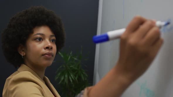 Mixed race businesswoman standing writing on a board in modern office