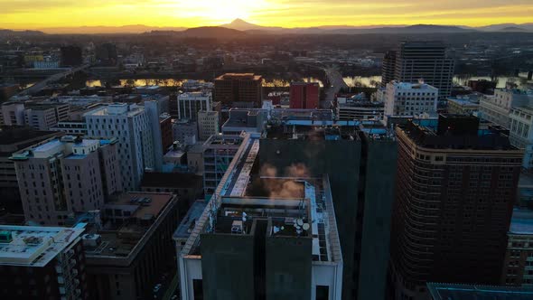 Sunrise Behind Downtown Portland Buildings