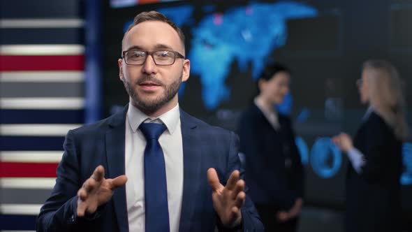 Stylish Male News Presenter Talking Financial Trade Information Smiling