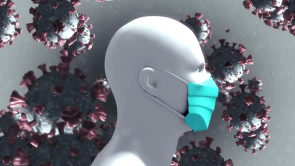 Animation of macro Coronavirus cells floating over a 3D human model in the background. 4k