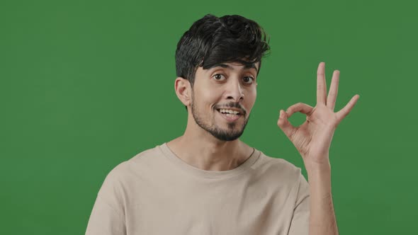 Male Portrait of Handsome Young Arab Indian Man Guy Student Freelancer Smiling Showing Hand OK Sign