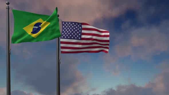 Brazil Flag Waving Along With The National Flag Of The USA - 4K