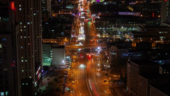 Tianjin Night Aerial Cityscape China Zoom Out