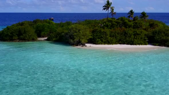 Aerial drone seascape of resort beach trip by clear ocean with sand background