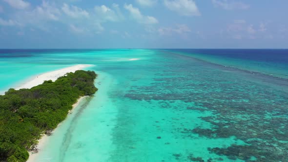 Aerial top down sky of marine island beach journey by transparent ocean with white sand background o