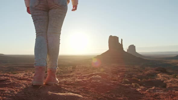 Nature Background  Close Up of Traveler Woman in Monument Valley at Sunset USA