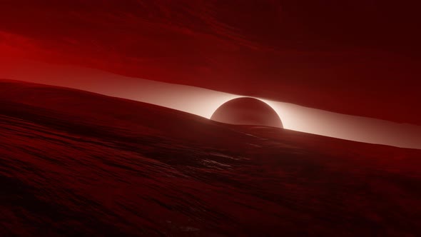 4K Panorama of Mars at sunset, sunrise above the surface of Mars, Martian landscape alt