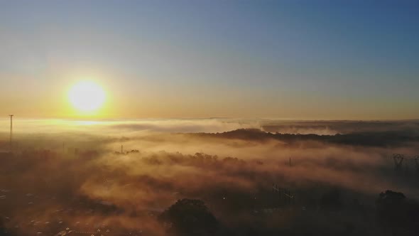 Landscape with Fog in the Morning at the Lake, Majestic Sunrise or Sunset in the Landscape