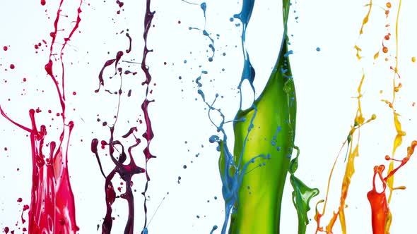 Colorful Paint Splashes in Super Slow Motion Isolated on White Background 1000Fps